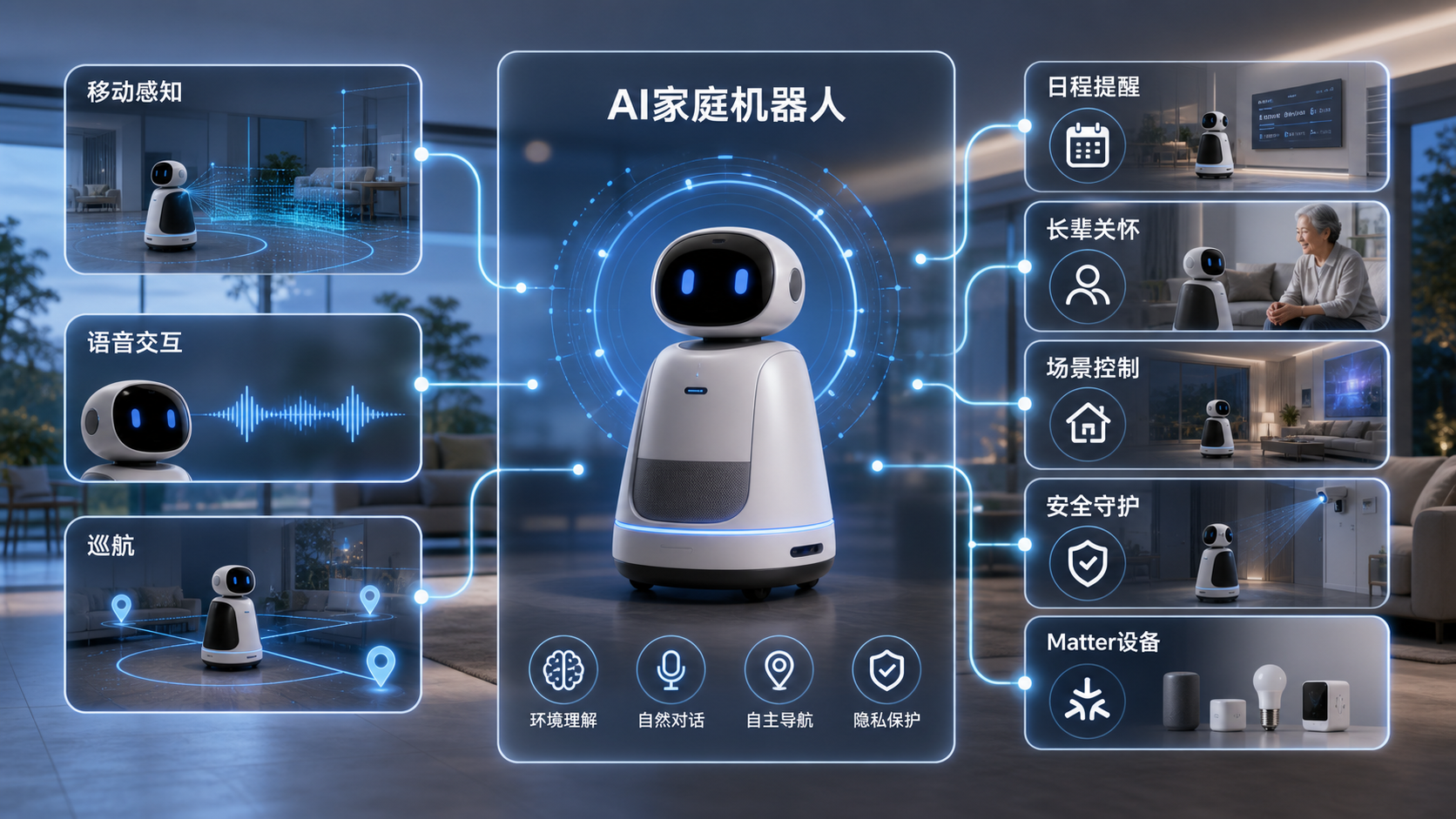 AI 家庭机器人与智能家居联动信息图