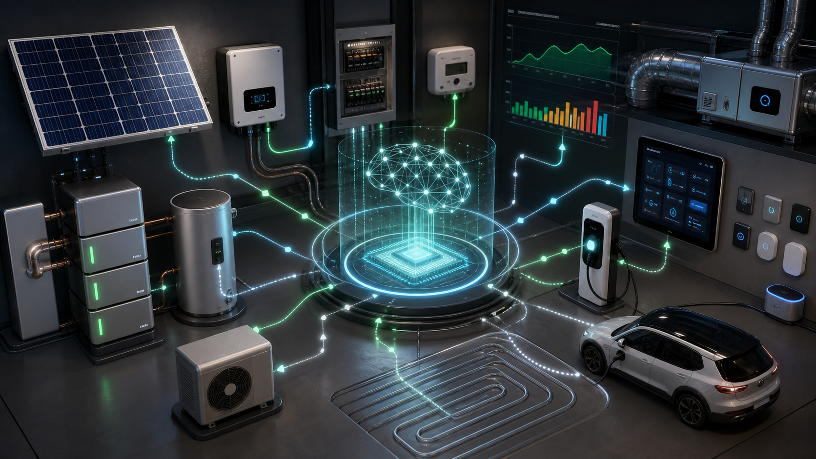 AI 调度光伏储能充电桩与智能家居负载的系统示意