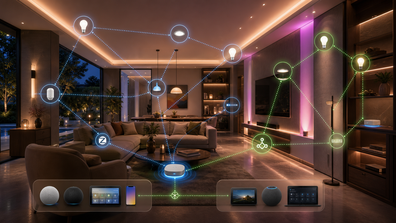 Philips Hue 同时支持 Zigbee 与 Matter over Thread 的别墅灯光场景