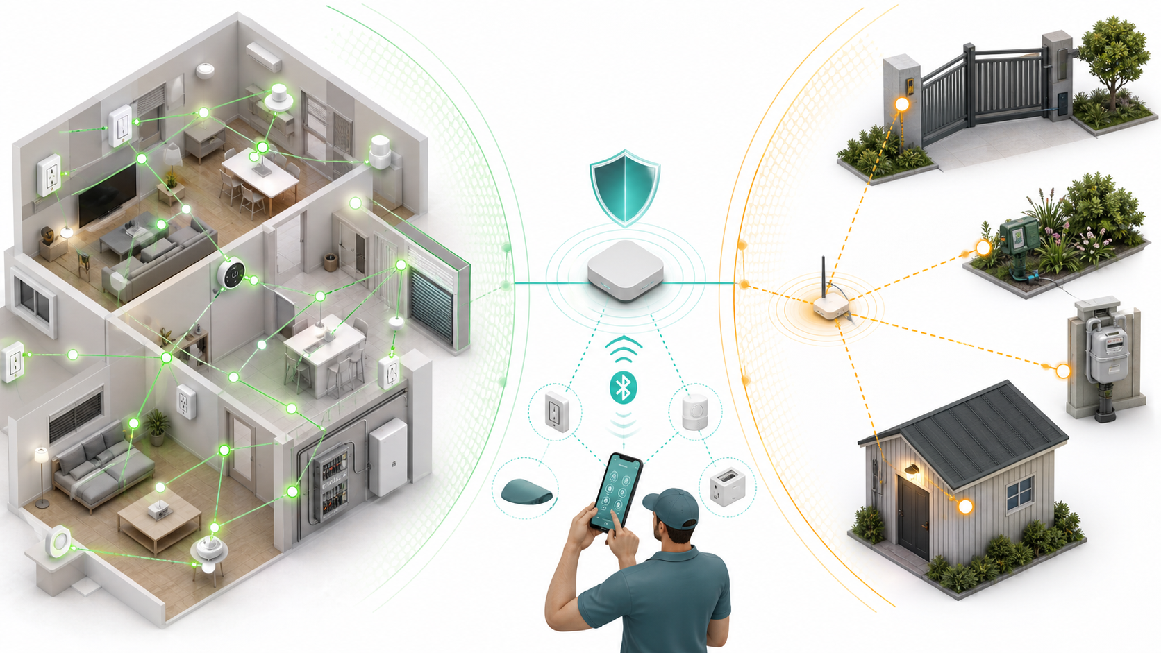Zigbee 4.0 兼容室内设备并通过蓝牙批量配网，Suzi 独立连接门岗、庭院、表计和附属建筑
