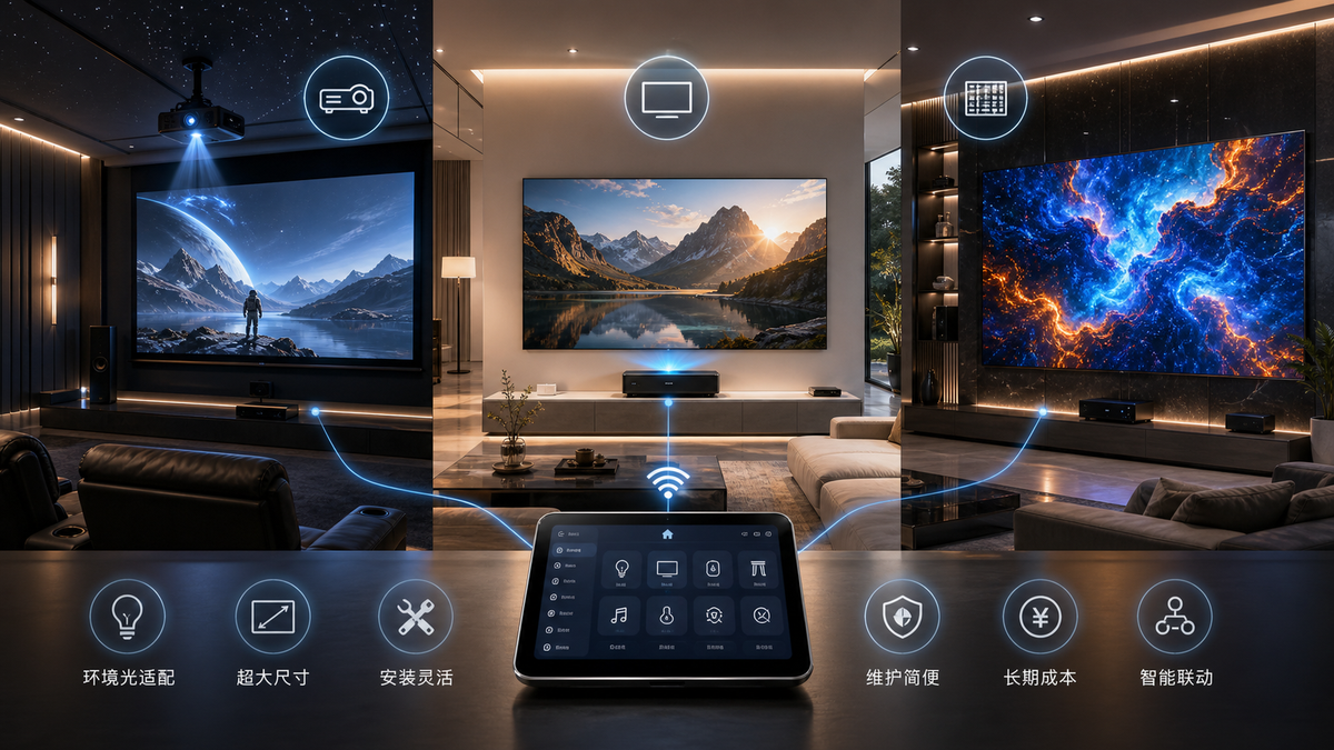 投影、激光电视还是 MicroLED？智能影院大屏选型要先看空间和使用方式
