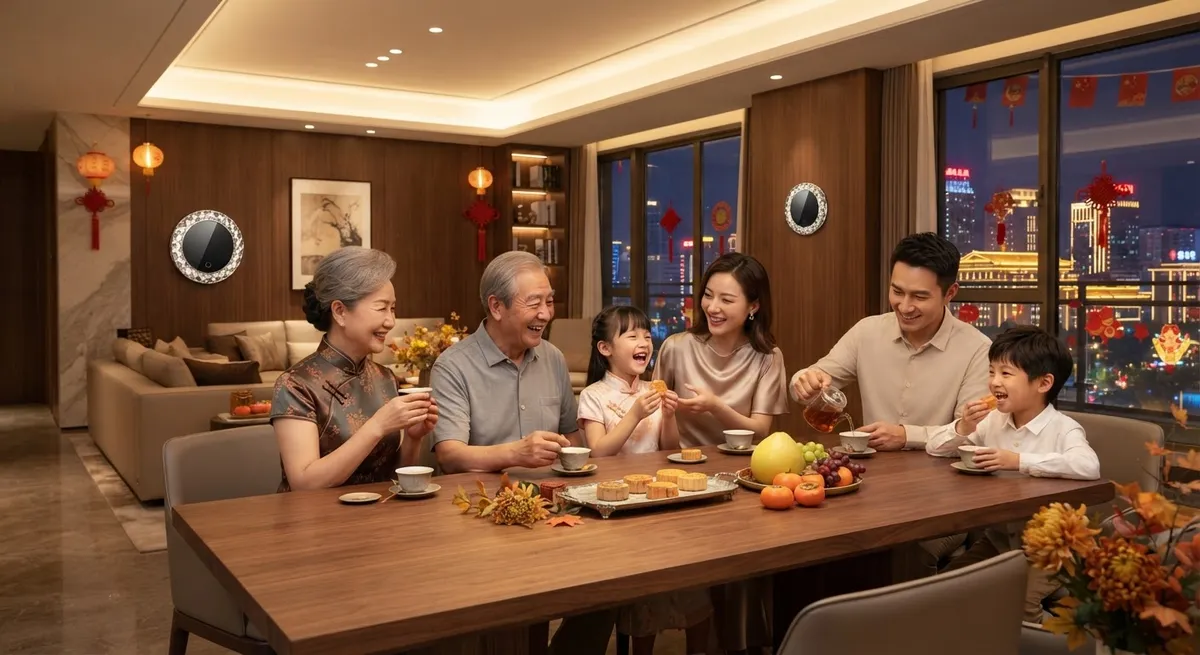 三代同堂华人家庭在温馨暖光的大宅客厅欢聚品茶赏月，共庆中秋国庆双节，AI 场景示意