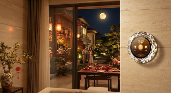 思悦晶钻系列智控旋钮与大宅中秋国庆双节迎宾庭院光影，AI 场景示意