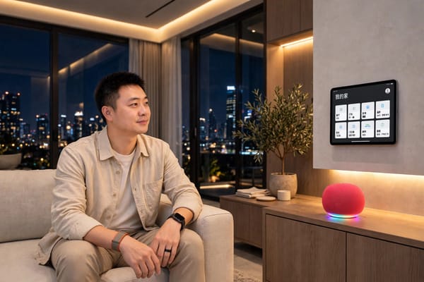 别墅客厅智能家居场景：墙面 iPad Pro 显示家庭页面